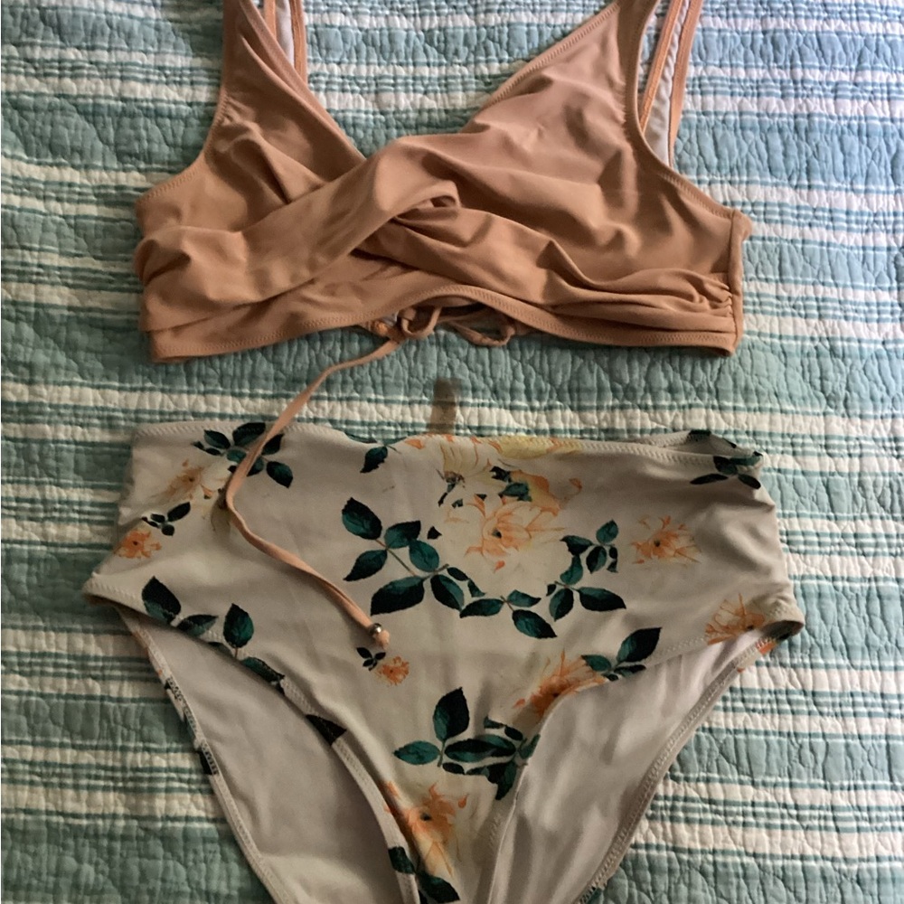 Peach and Floral High Waisted Bikini Set